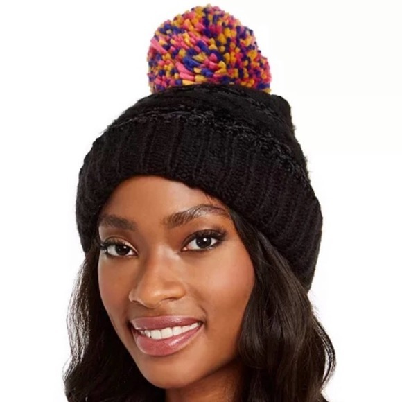 INC Chenille Multi Color Pom Knit Beanie in Black - Picture 1 of 1